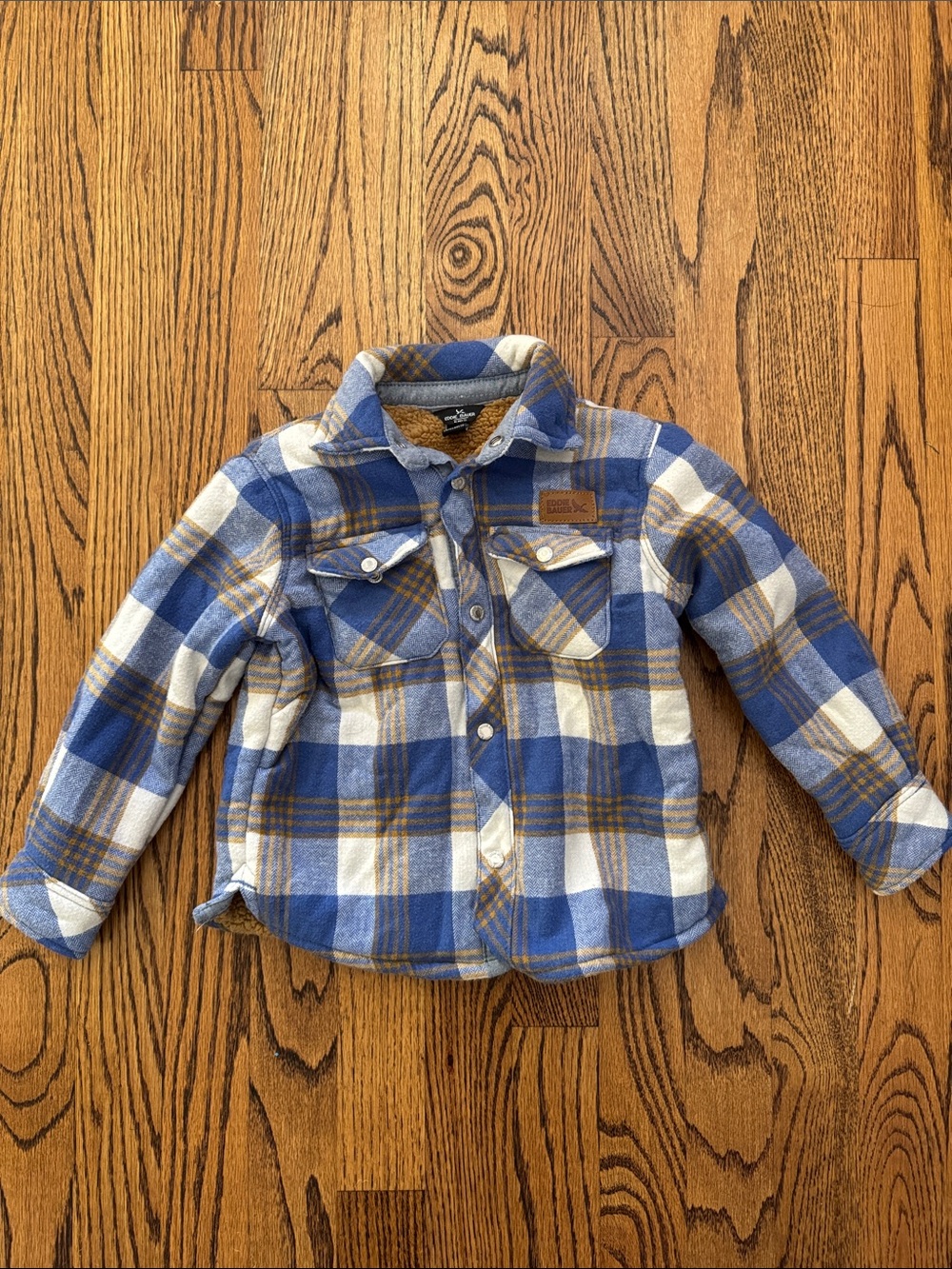 Eddie Bauer Blue and Cream Plaid Sherpa-Lined Kids Shirt Jacket